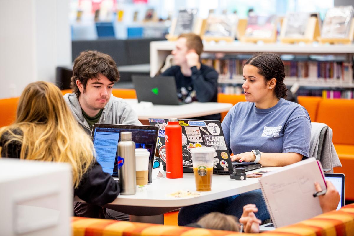 students working in library