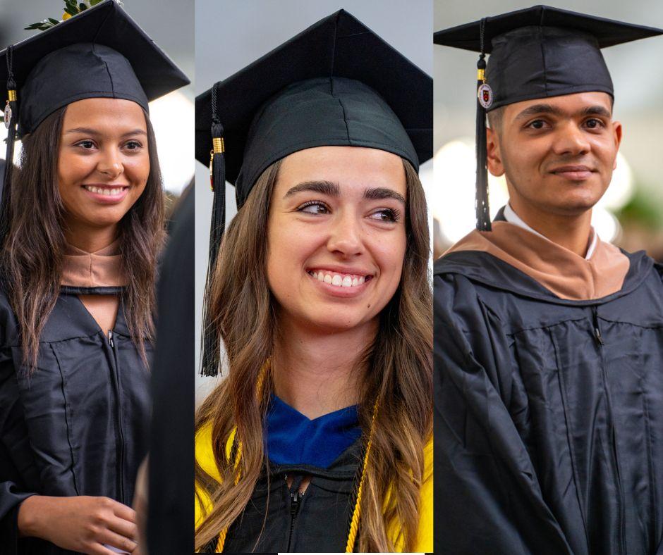 three students in cap and gown