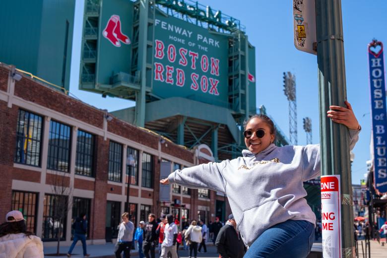 wentworth student outside of fenway park