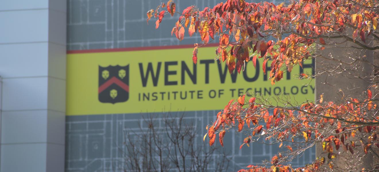 orange autumn leaves in front of a yellow Wentworth sign